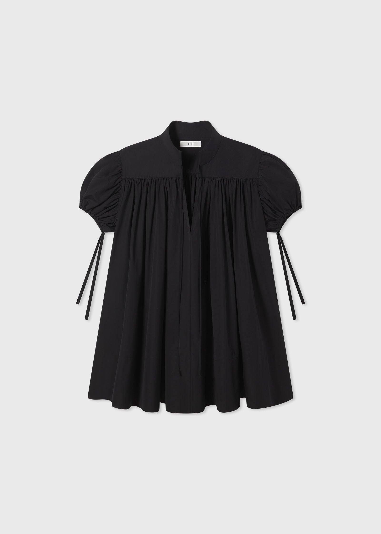 Puff Sleeve Gathered Tunic Shirt in Cotton Poplin - Black