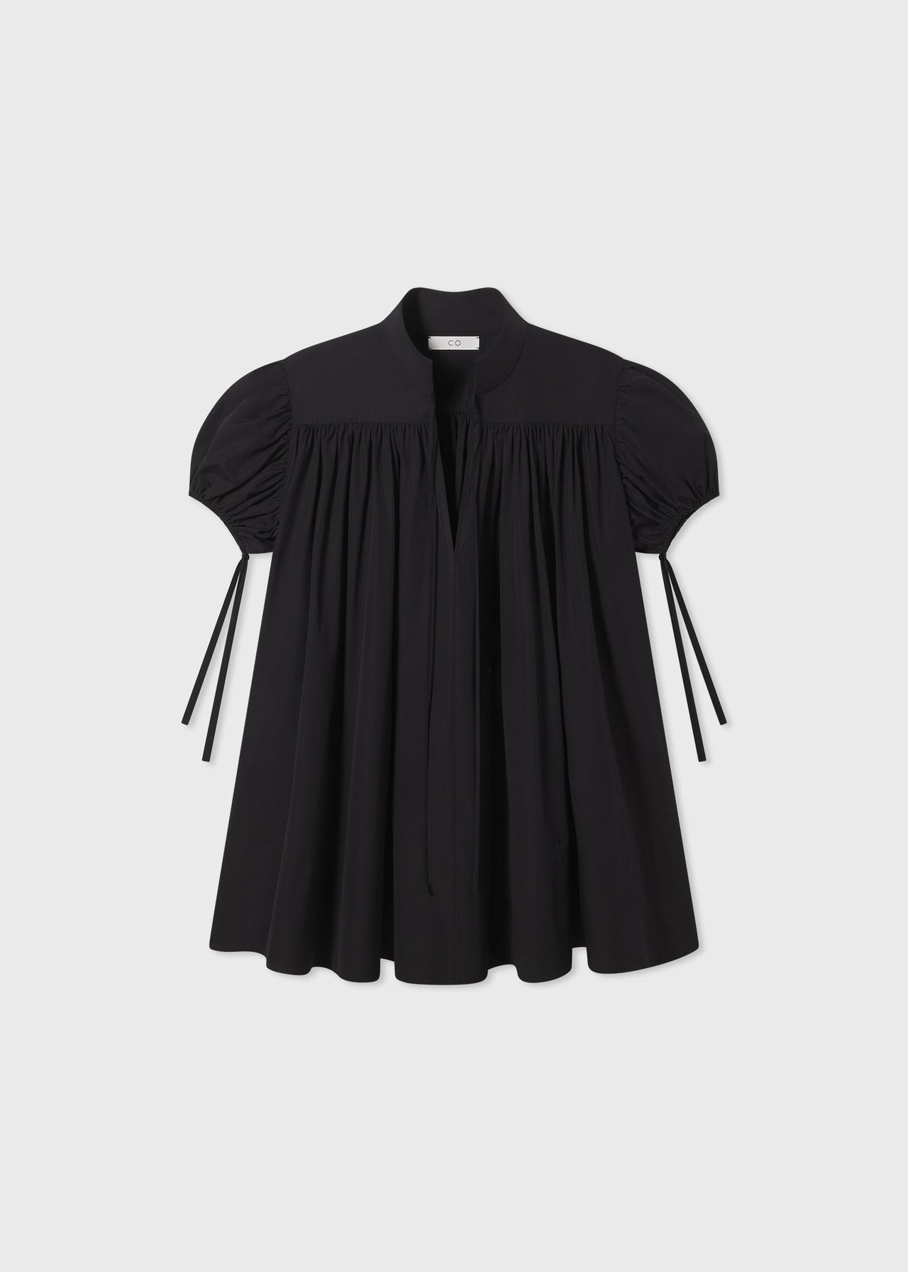 Puff Sleeve Gathered Tunic Shirt in Cotton Poplin - Black