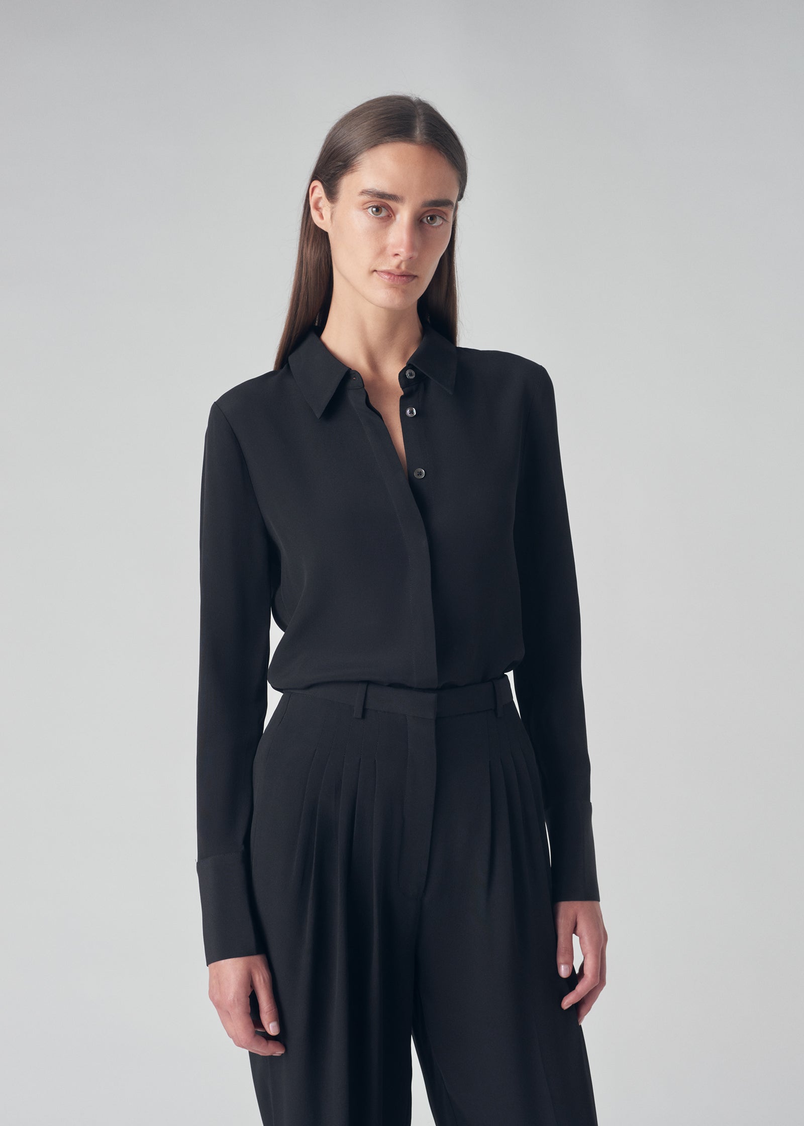 Button Up Shirt in Silk Cady - Black - CO Collections