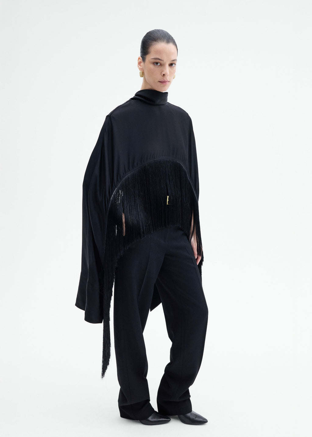 Fringe Satin Cape Top - Black - CO