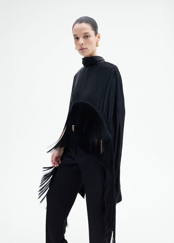 Fringe Satin Cape Top - Black - CO