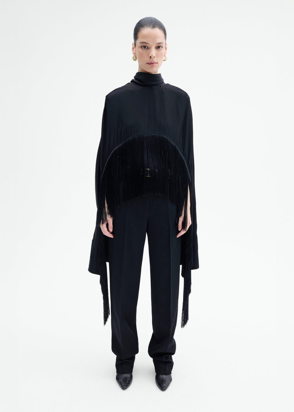 Fringe Satin Cape Top - Black - CO