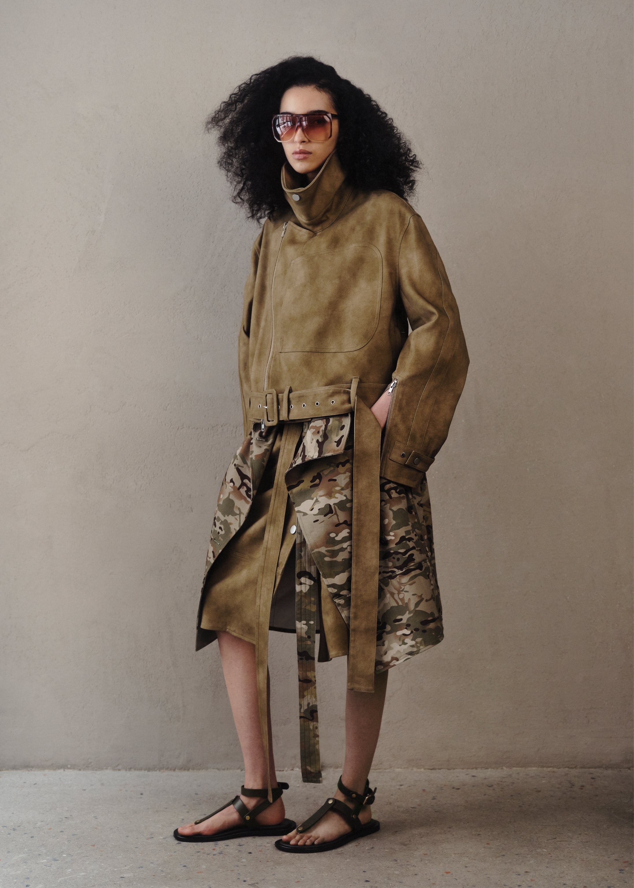 Flying Collar Moto Jacket in Cold-Dyed Cotton - Khaki