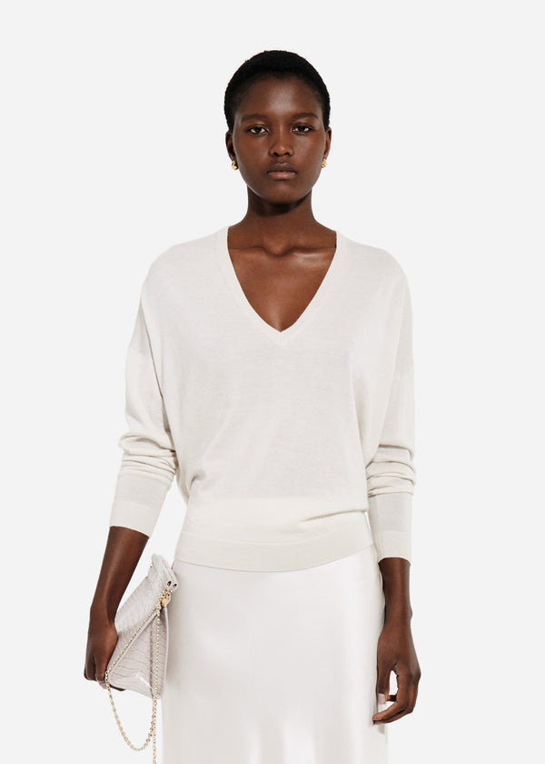 V-Neck Sweater in Fine Cashmere - Pearl - CO