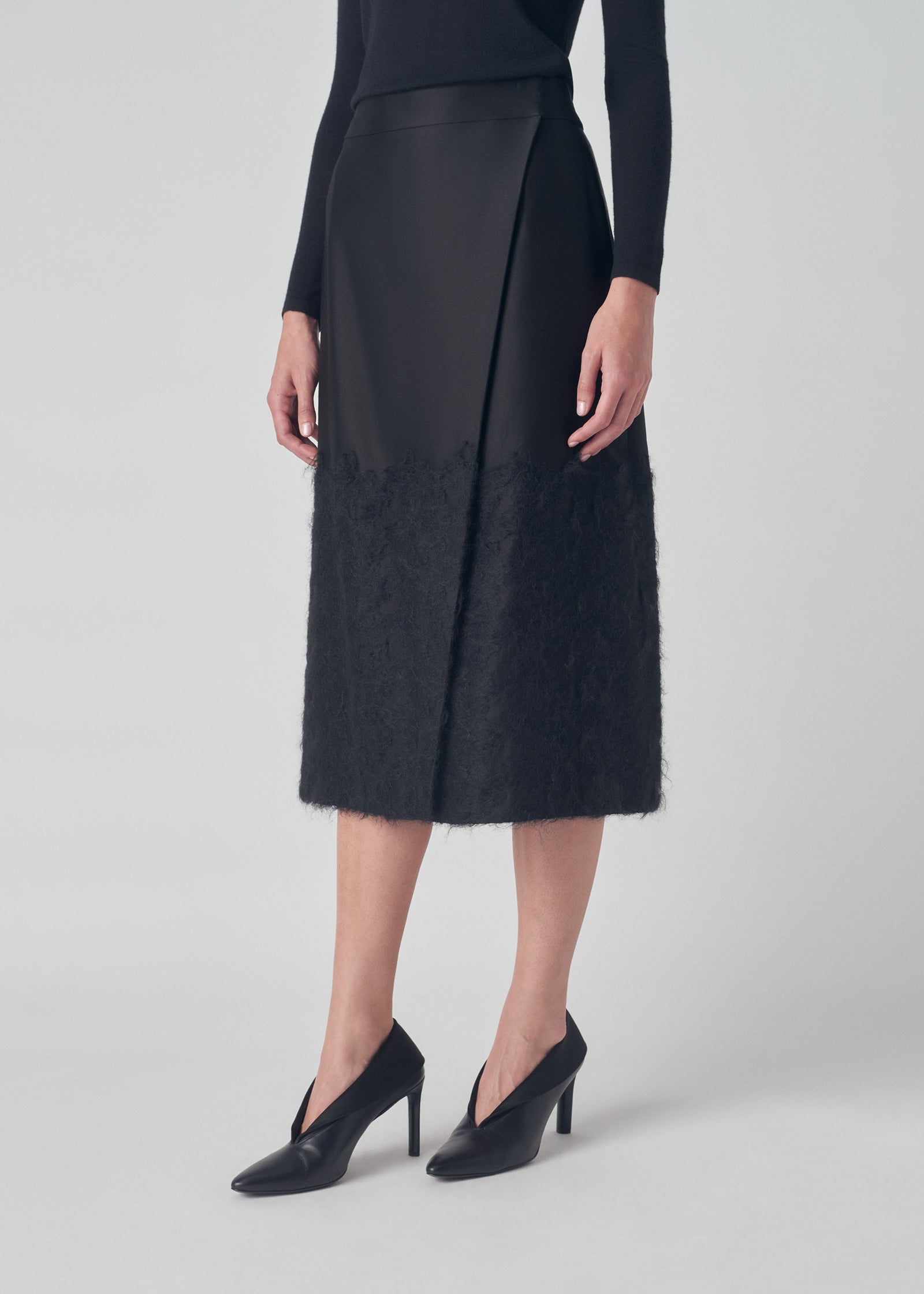 Embroidered Wrap Skirt in Duchess Satin - Black - CO Collections