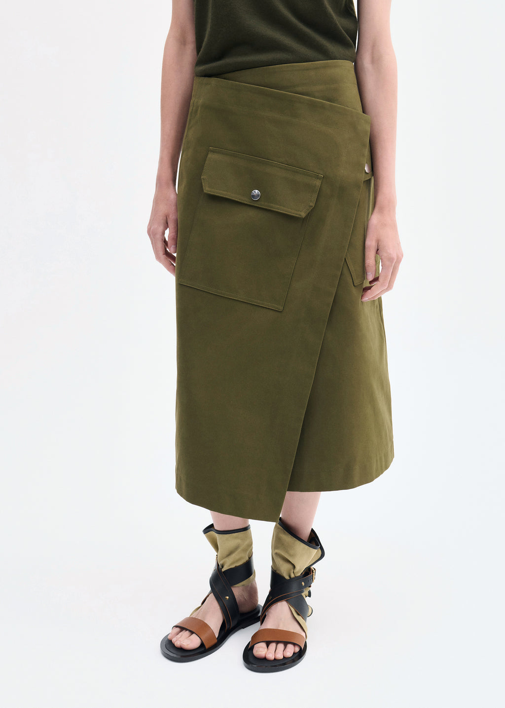 Wrap Skirt in Brushed Cotton - Olive - CO