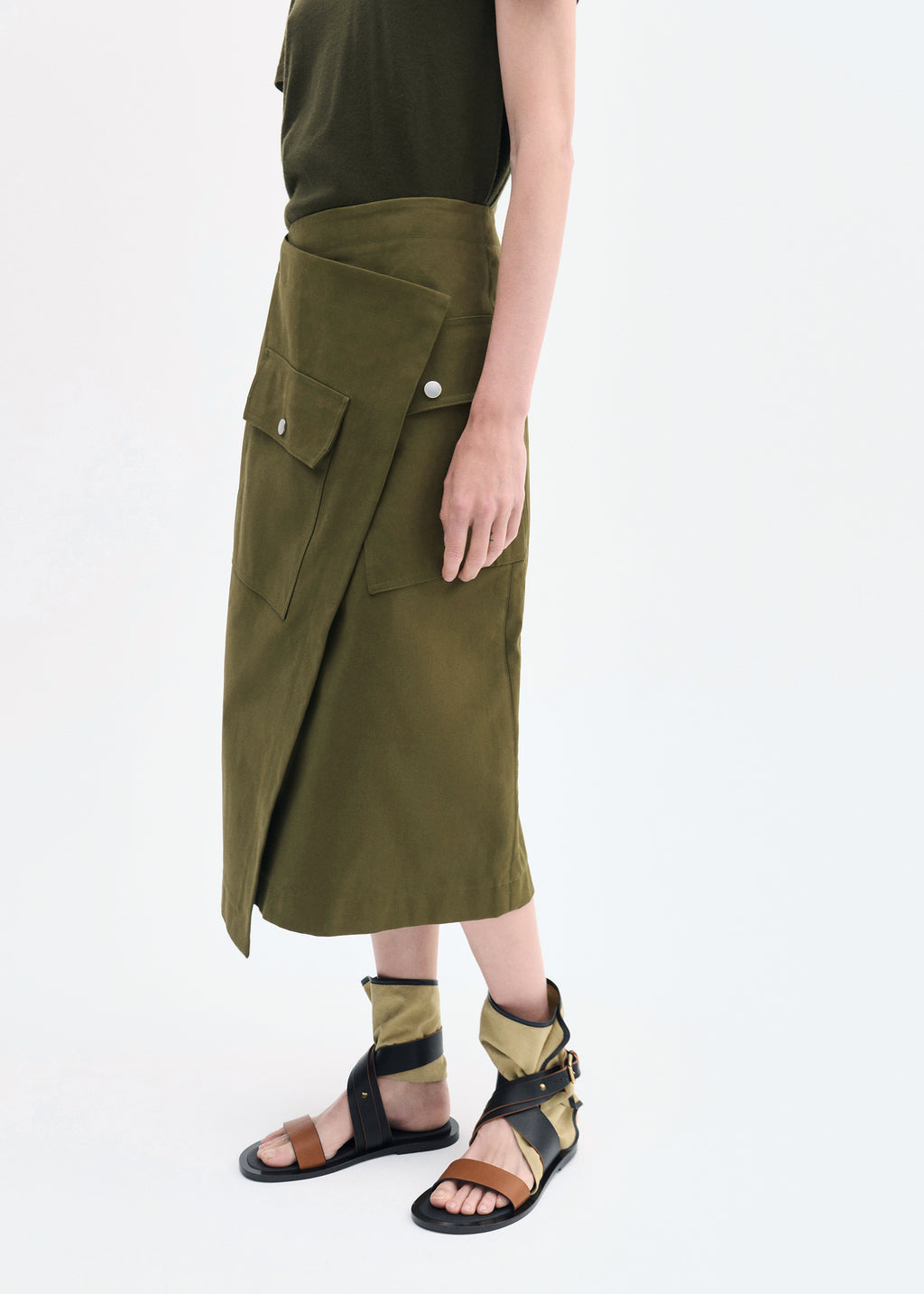 Wrap Skirt in Brushed Cotton - Olive - CO
