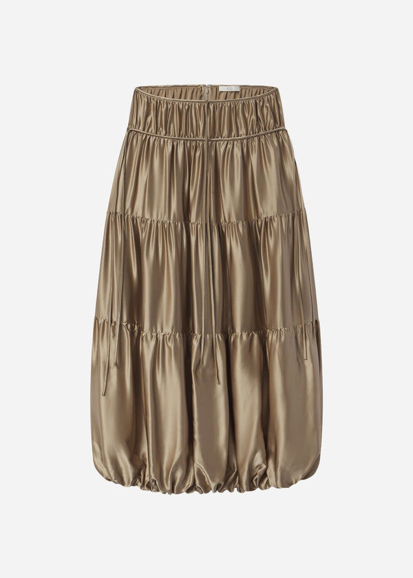 Soft Gathered Bubble Skirt in Silk Charmeuse - Sesame - CO