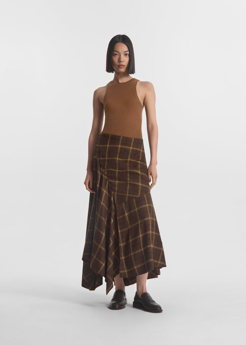 Asymmetric Full Skirt in Check Plaid - Chocolate, image 2 of 7
