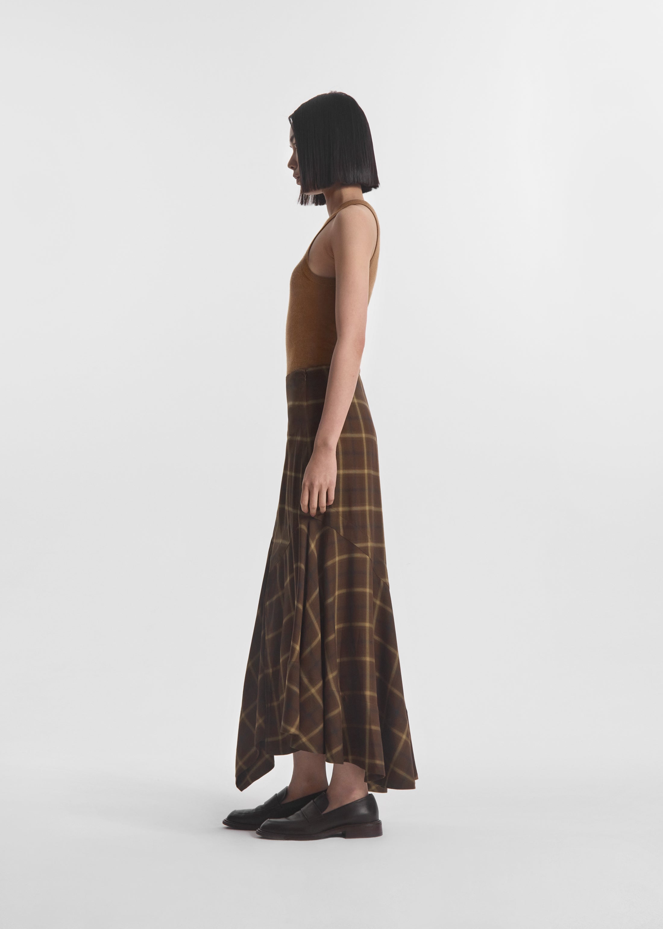 Asymmetric Full Skirt in Check Plaid - Chocolate
