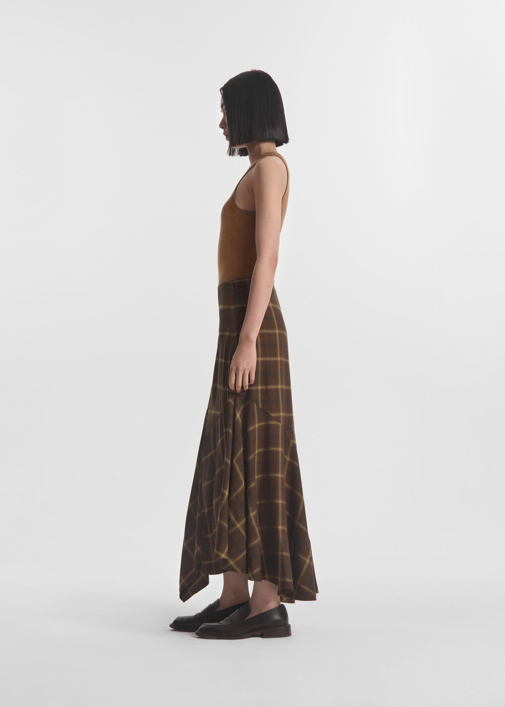 Asymmetric Full Skirt in Check Plaid - Chocolate - CO