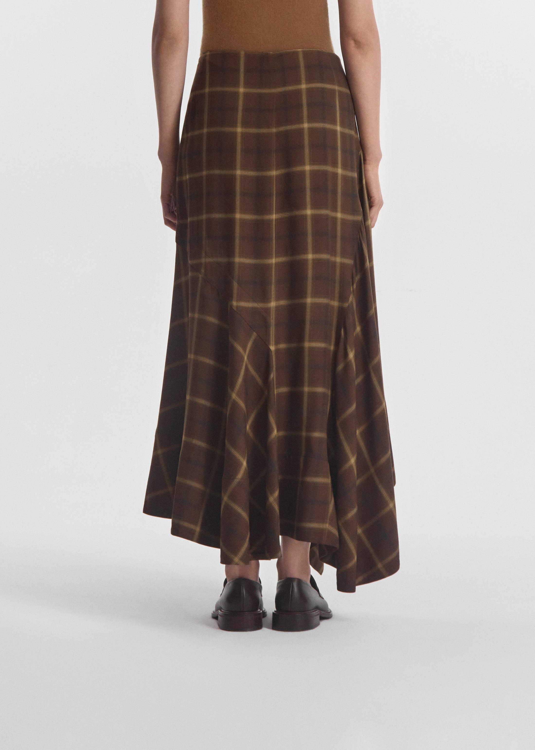 Asymmetric Full Skirt in Check Plaid - Chocolate