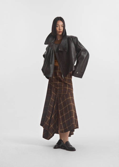 Asymmetric Full Skirt in Check Plaid - Chocolate, image 1 of 7