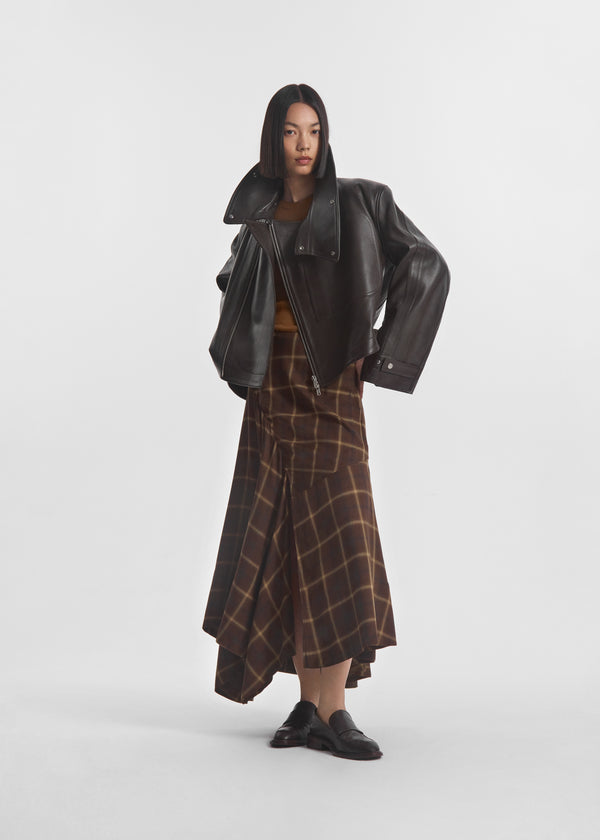 Asymmetric Full Skirt in Check Plaid - Chocolate - CO