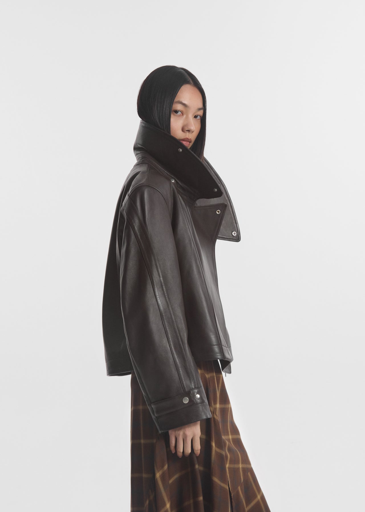 Flying Collar Moto Jacket in Leather - Chocolate - CO