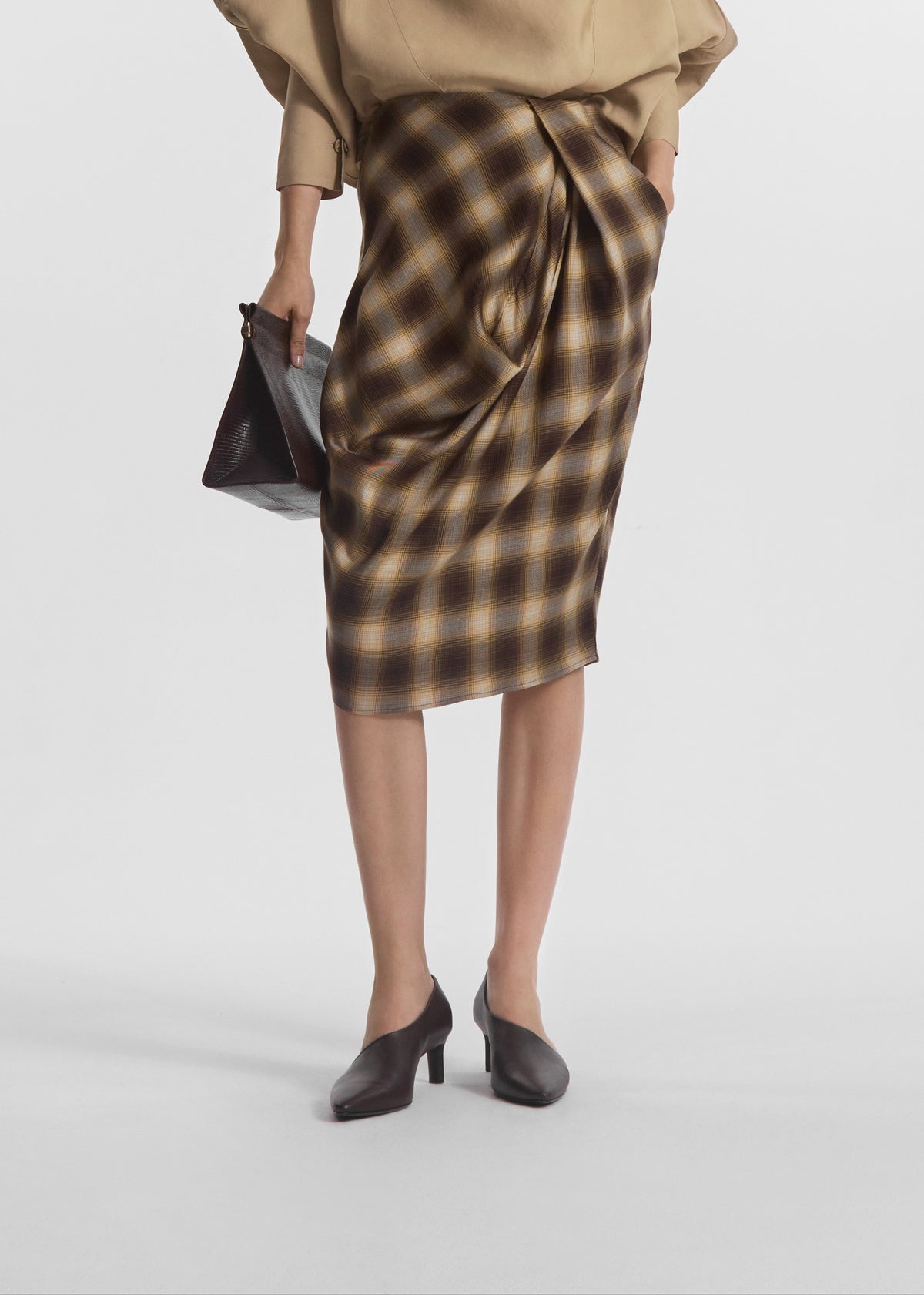 Draped Skirt in Tencel Plaid - Brown Multi, image 3 of 6
