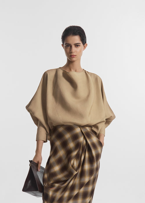 Draped Tunic Top in Viscose Silk - Khaki, image 1 of 4