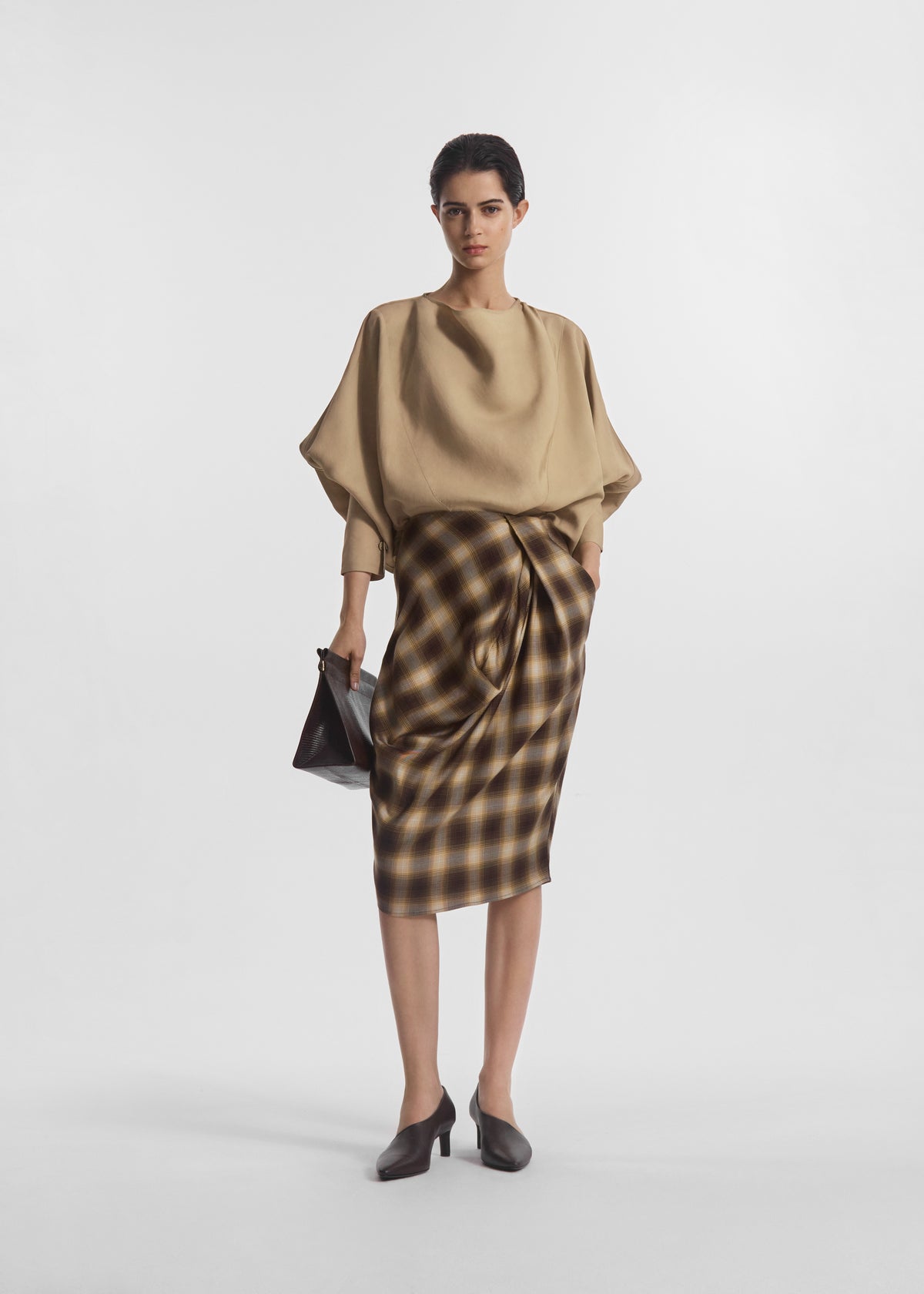 Draped Tunic Top in Viscose Silk - Khaki, image 3 of 4