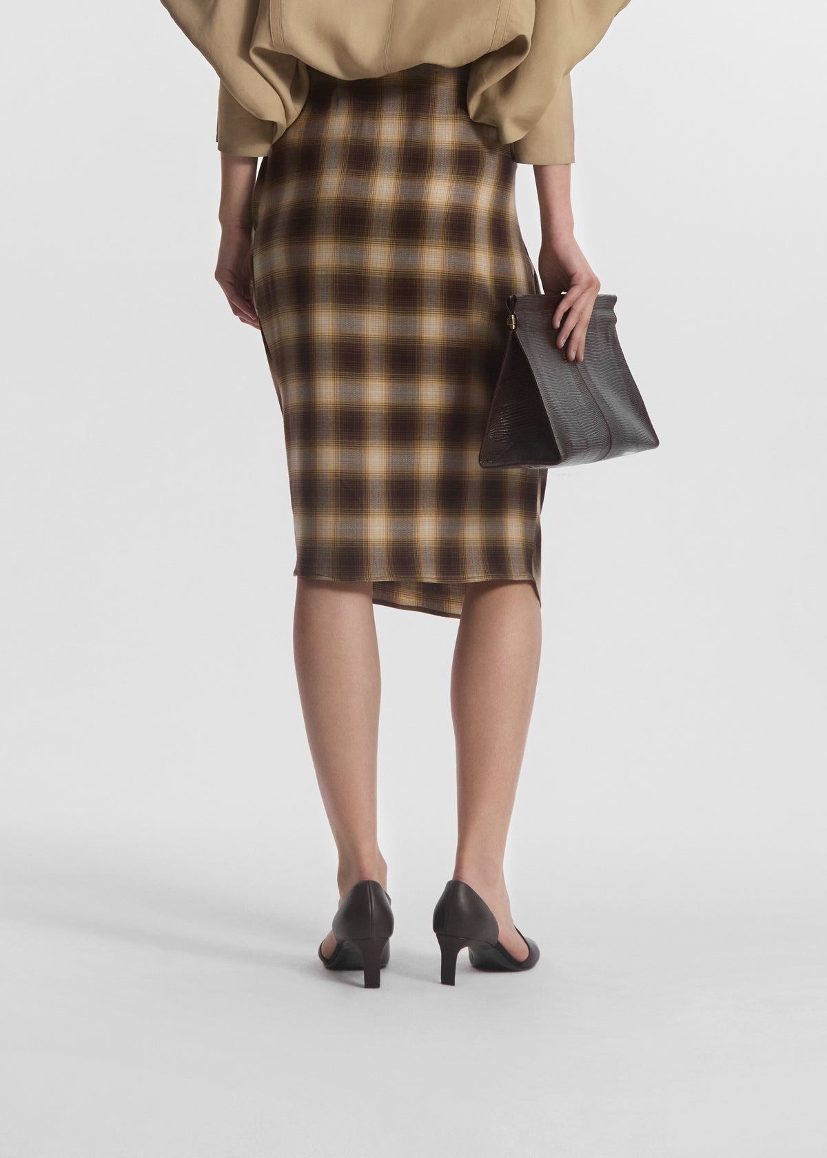Draped Skirt in Tencel Plaid - Brown Multi, image 4 of 6
