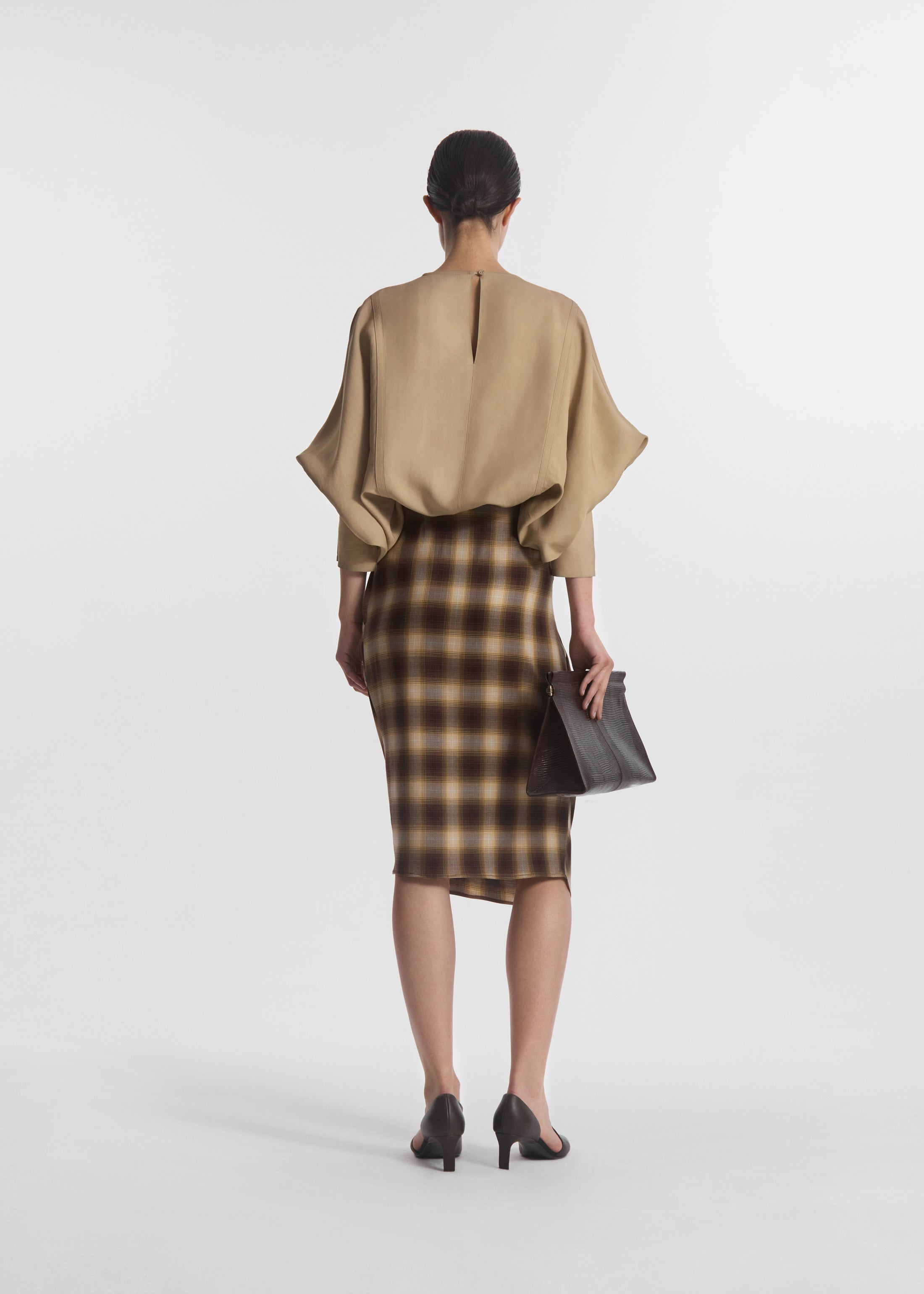Draped Skirt in Tencel Plaid - Brown Multi