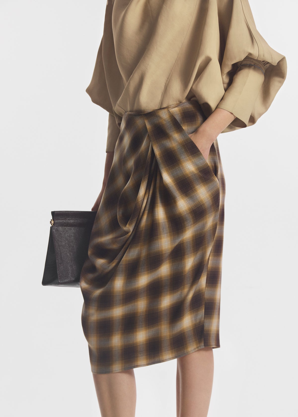 Draped Skirt in Tencel Plaid - Brown Multi, image 2 of 6