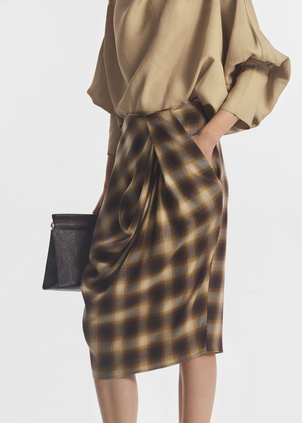 Draped Skirt in Tencel Plaid - Brown Multi - CO