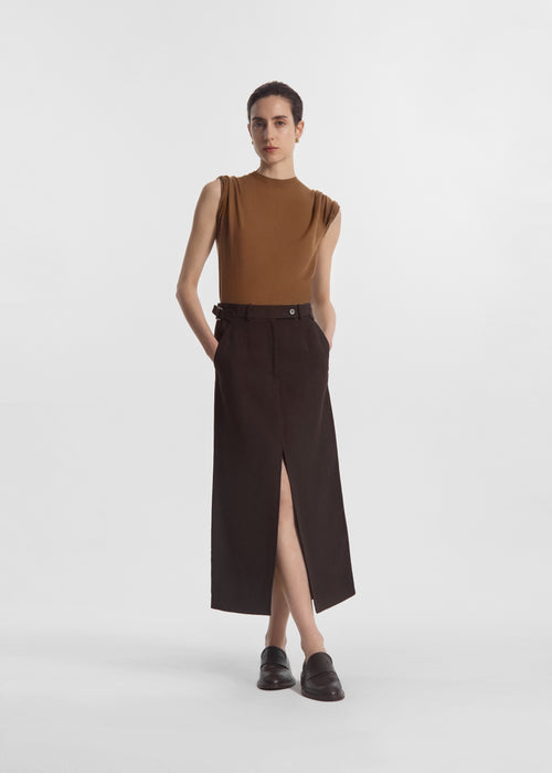 Tailored Front-Slit Midi Skirt in Linen - Chocolate, image 1 of 5