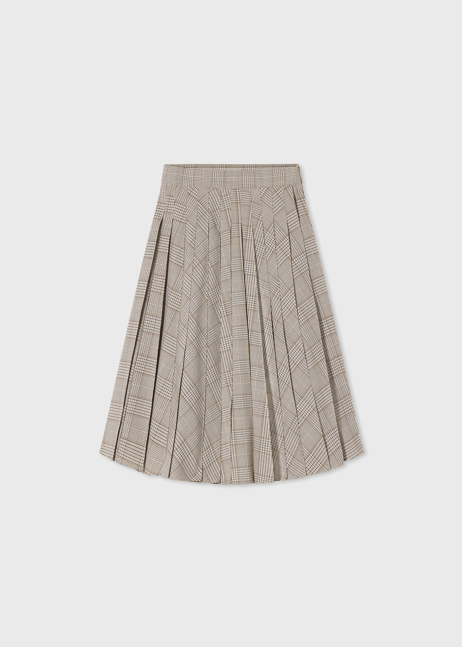 Knee Length Pleat Skirt in Virgin Wool - Taupe Plaid - CO Collections