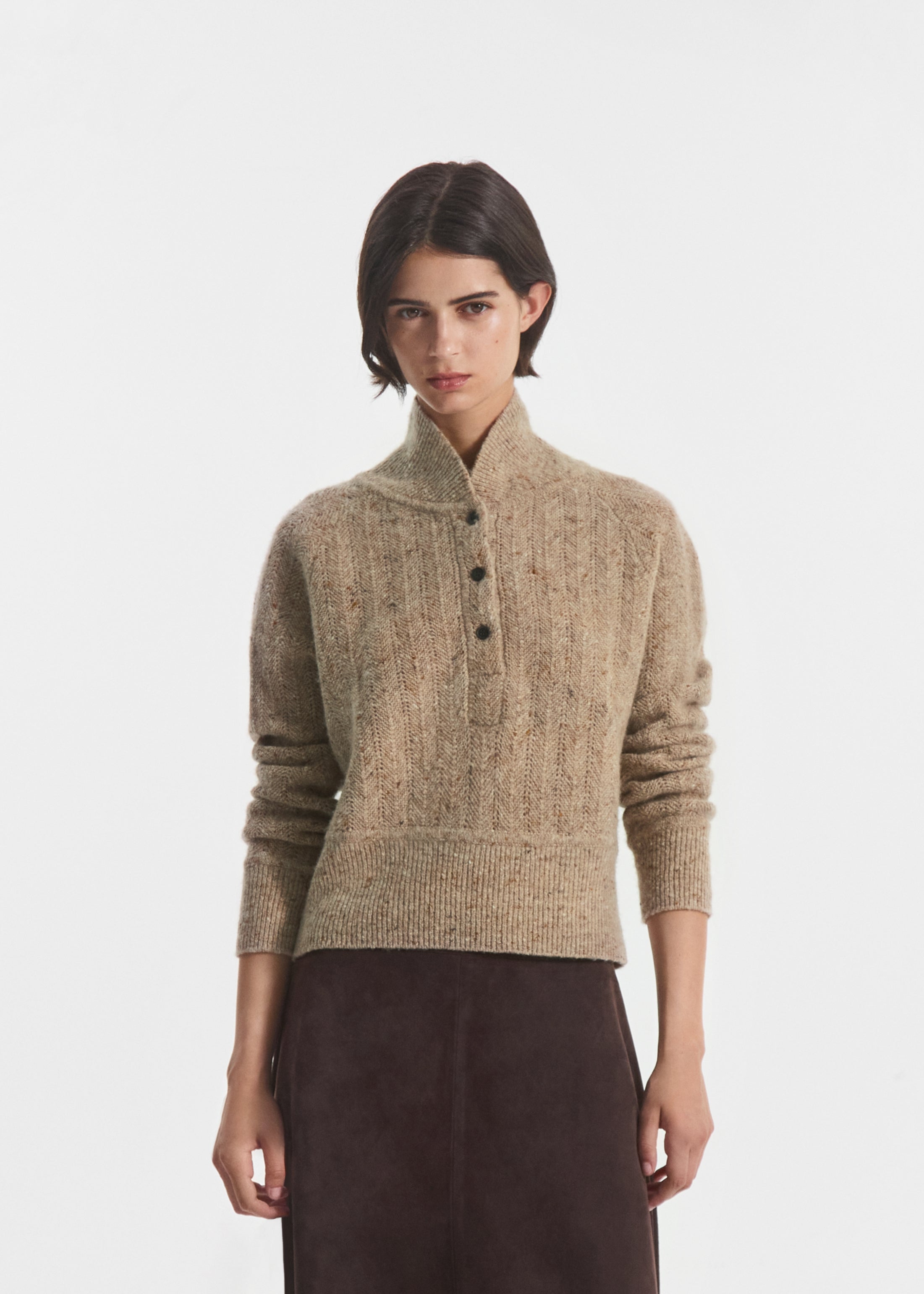 Cropped Henley Sweater in Wool Cashmere Blend - Antelope