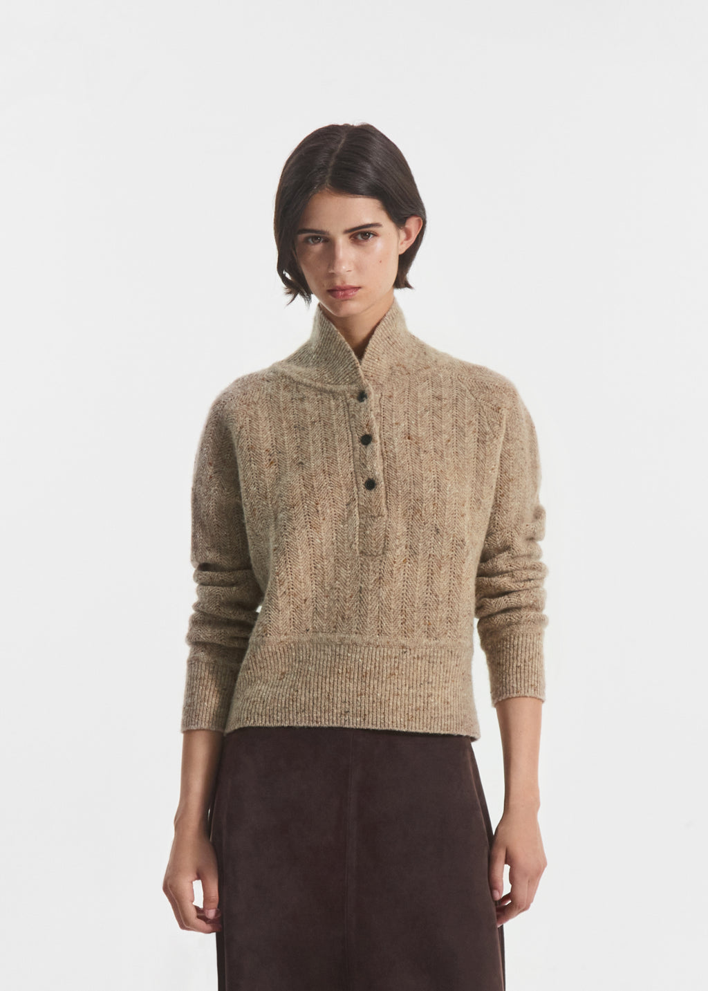 Cropped Henley Sweater in Wool Cashmere Blend - Antelope - CO