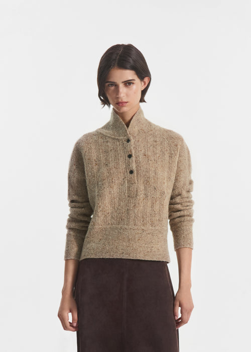 Cropped Henley Sweater in Wool Cashmere Blend - Antelope, image 2 of 5