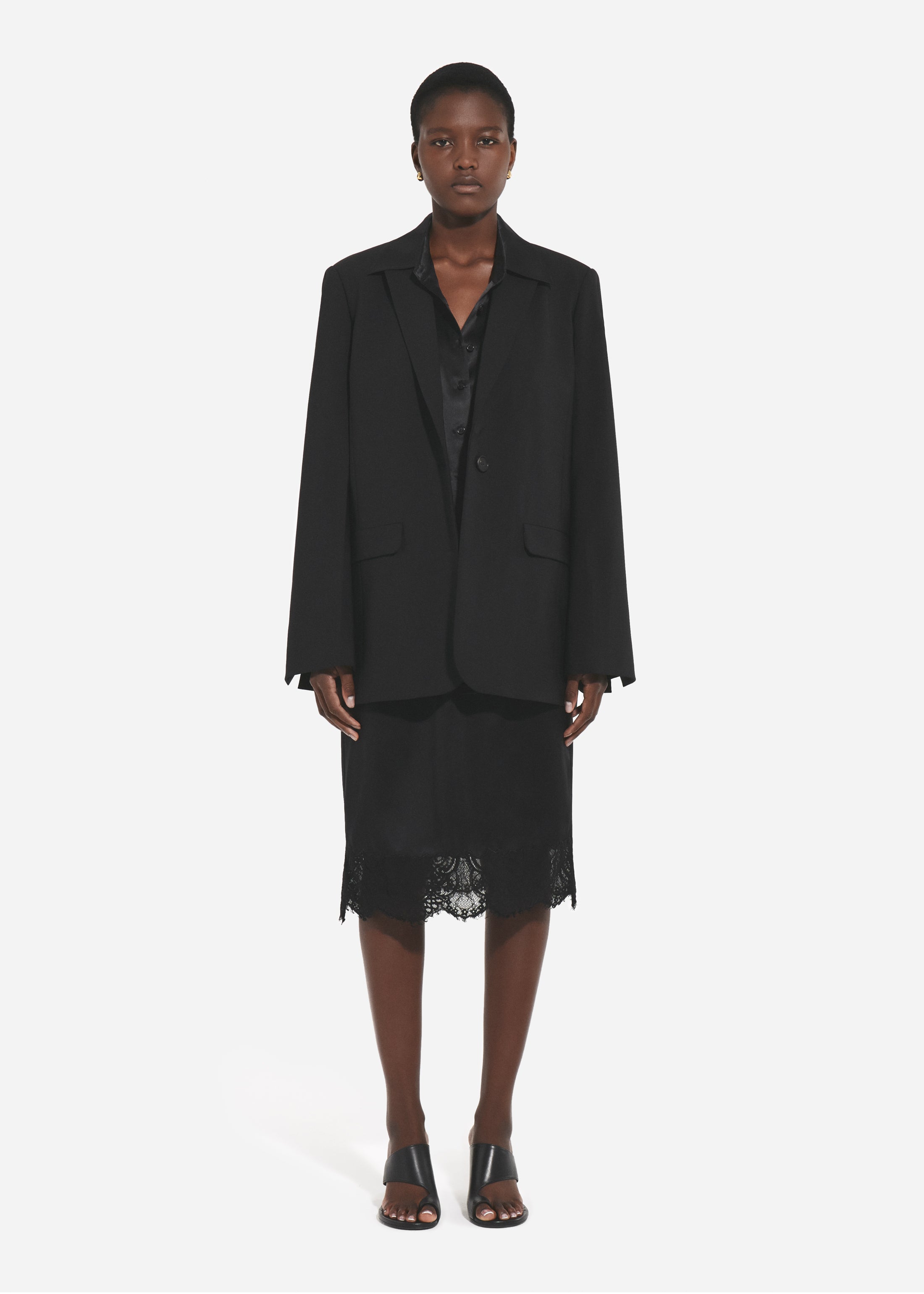 Elastic Waist Lace Slip Skirt in Silk - Black