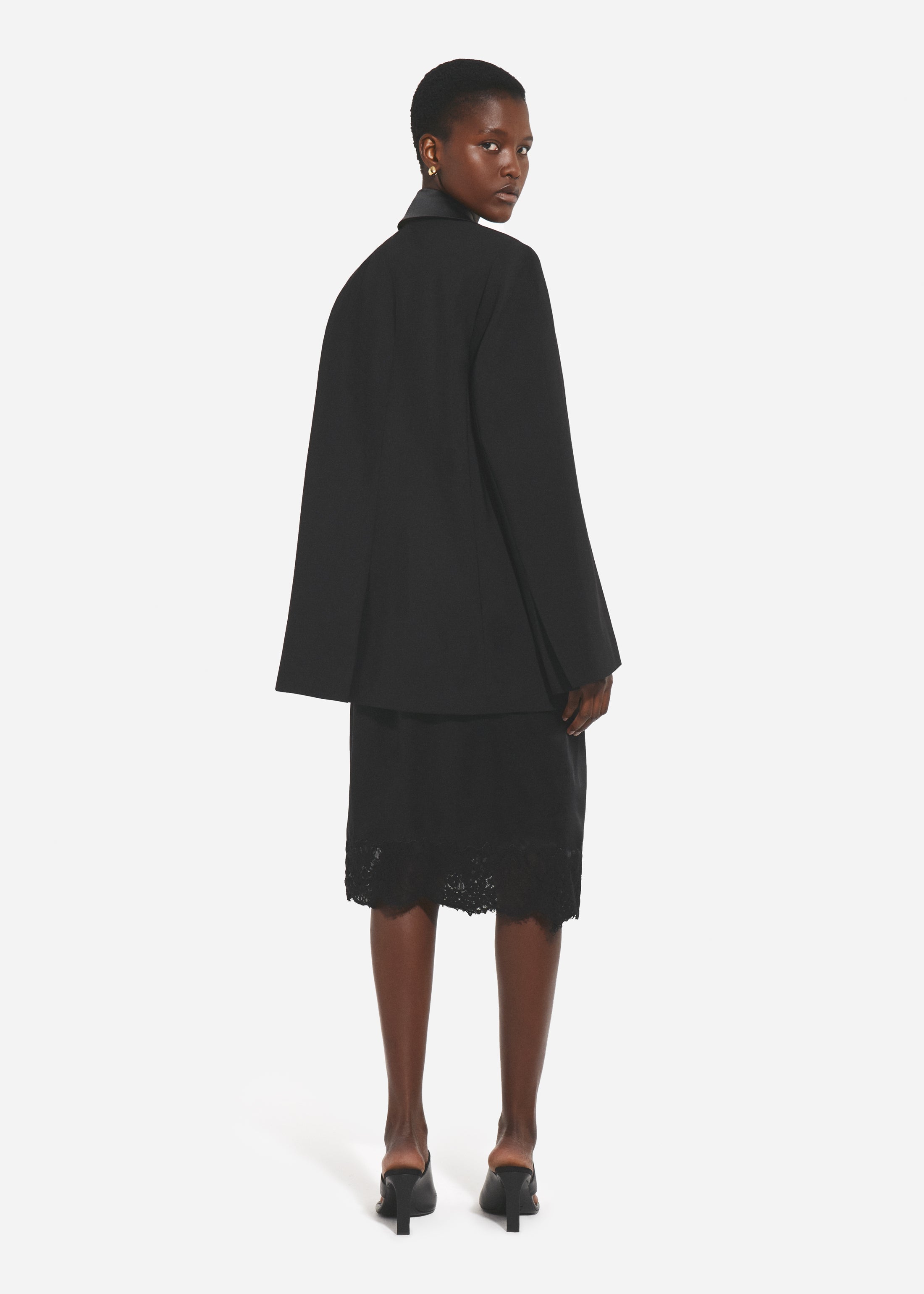 Elastic Waist Lace Slip Skirt in Silk - Black