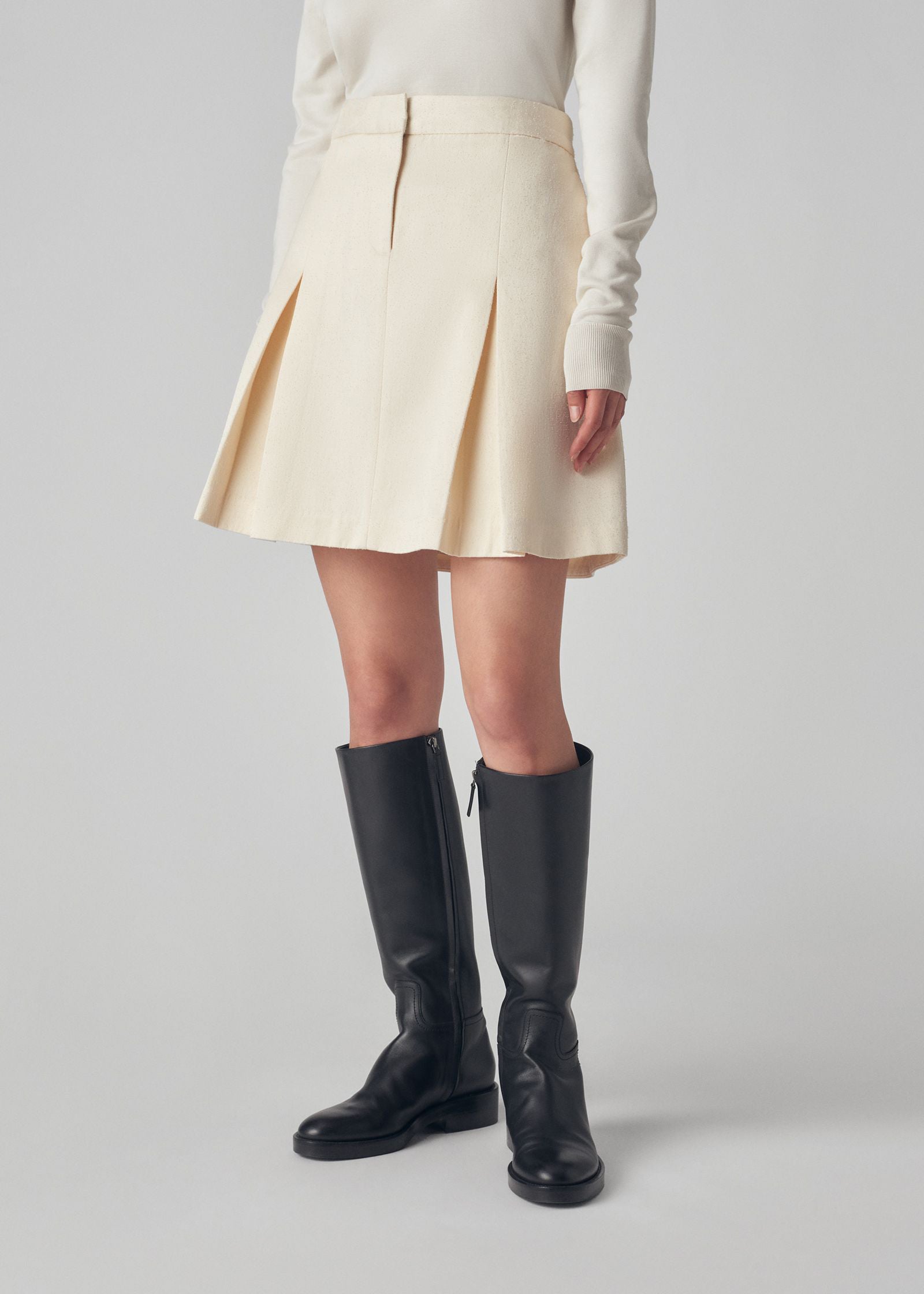 Box Pleat Mini Skirt in Cotton Twill - Ivory - CO Collections