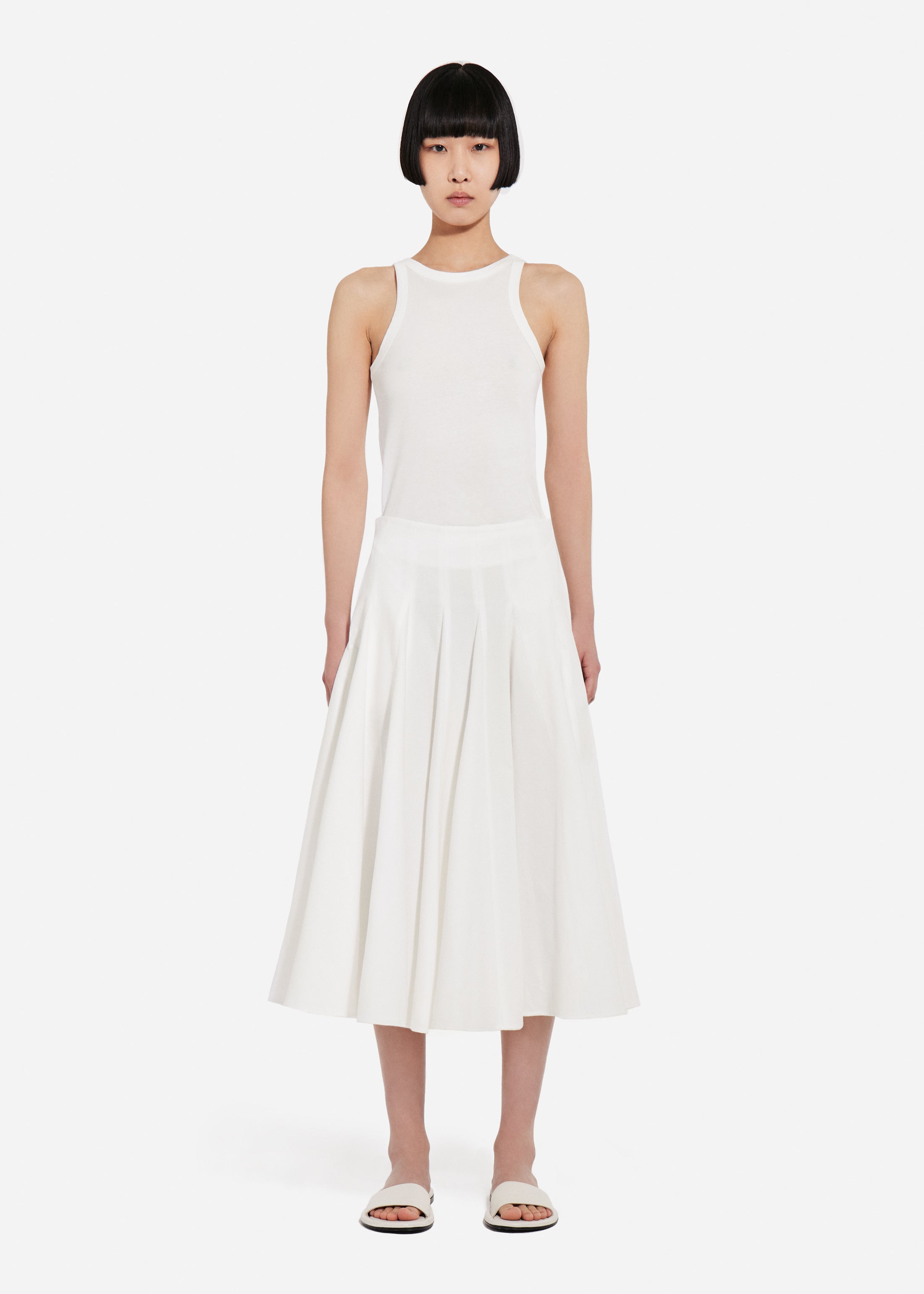 Godet Midi Skirt in Cotton Pique - White