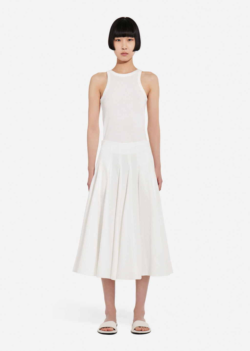 Godet Midi Skirt in Cotton Pique - White - CO