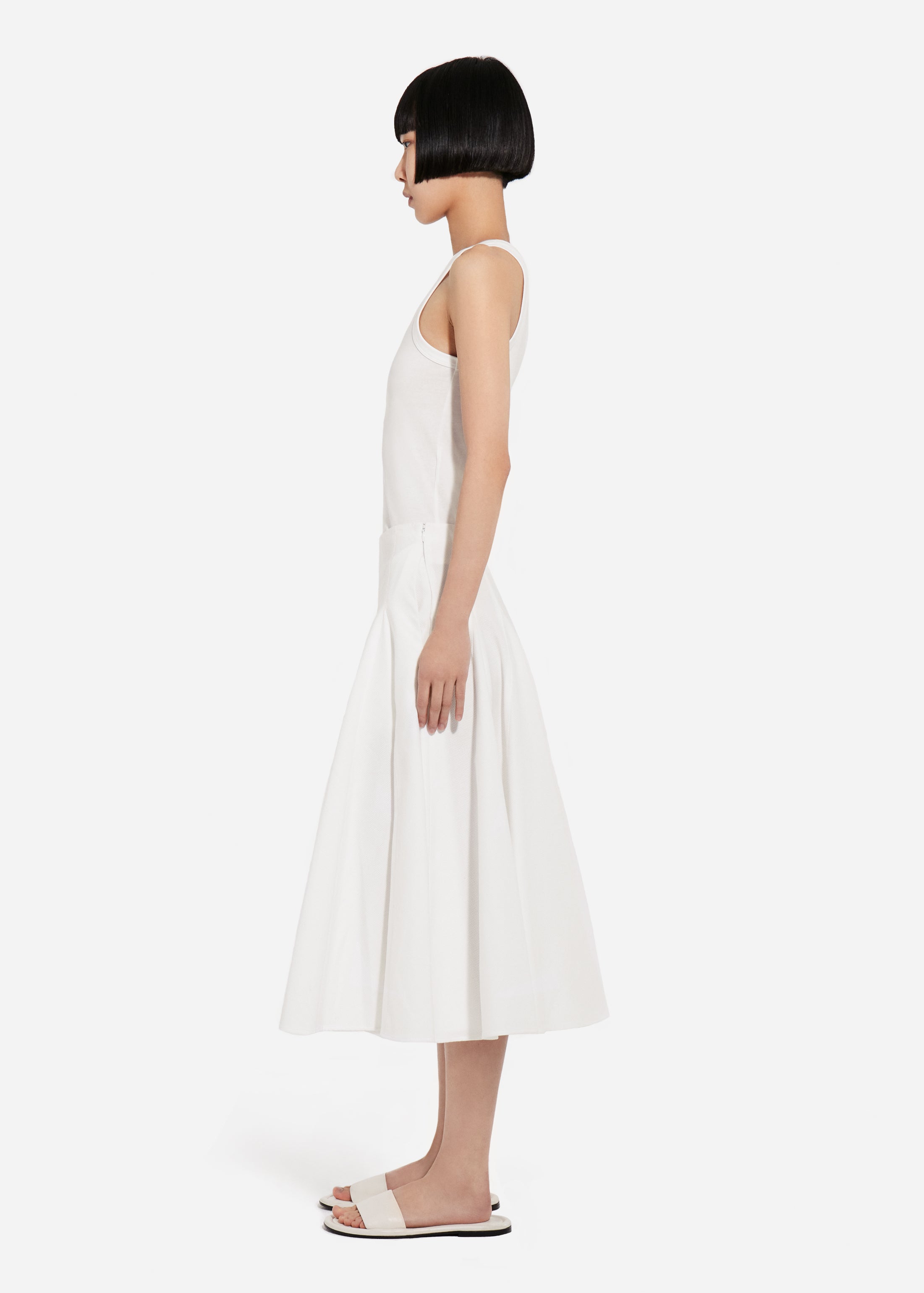 Godet Midi Skirt in Cotton Pique - White