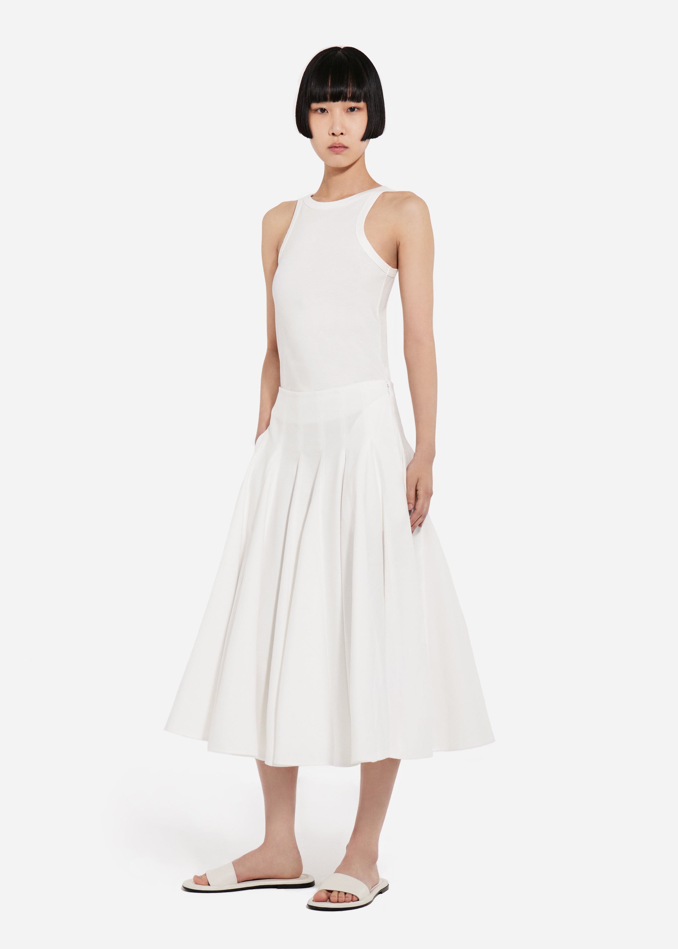 Godet Midi Skirt in Cotton Pique - White