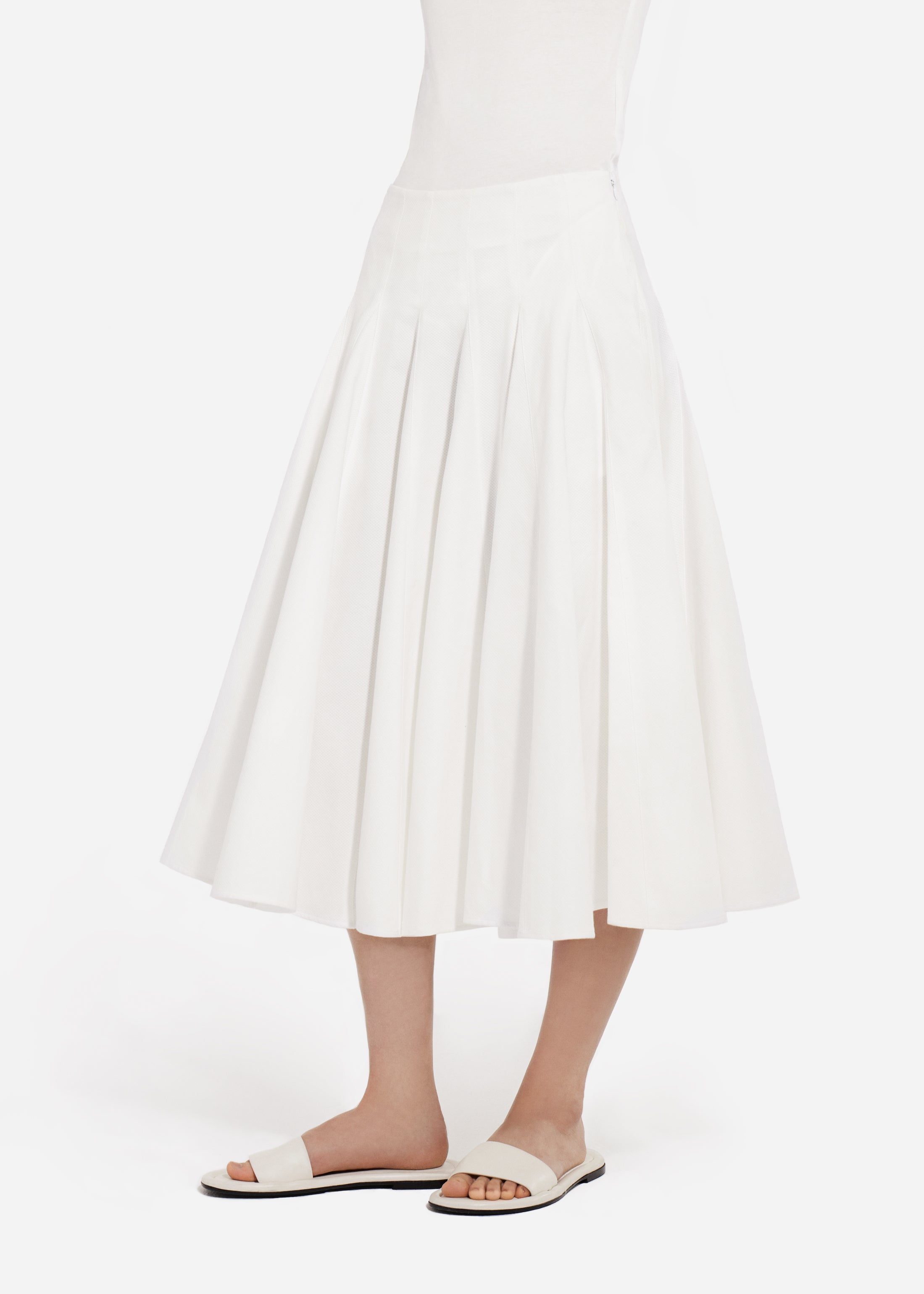 Godet Midi Skirt in Cotton Pique - White