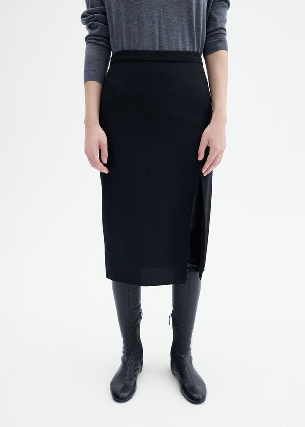Slim Midi Skirt in Viscose Wool - Black - CO