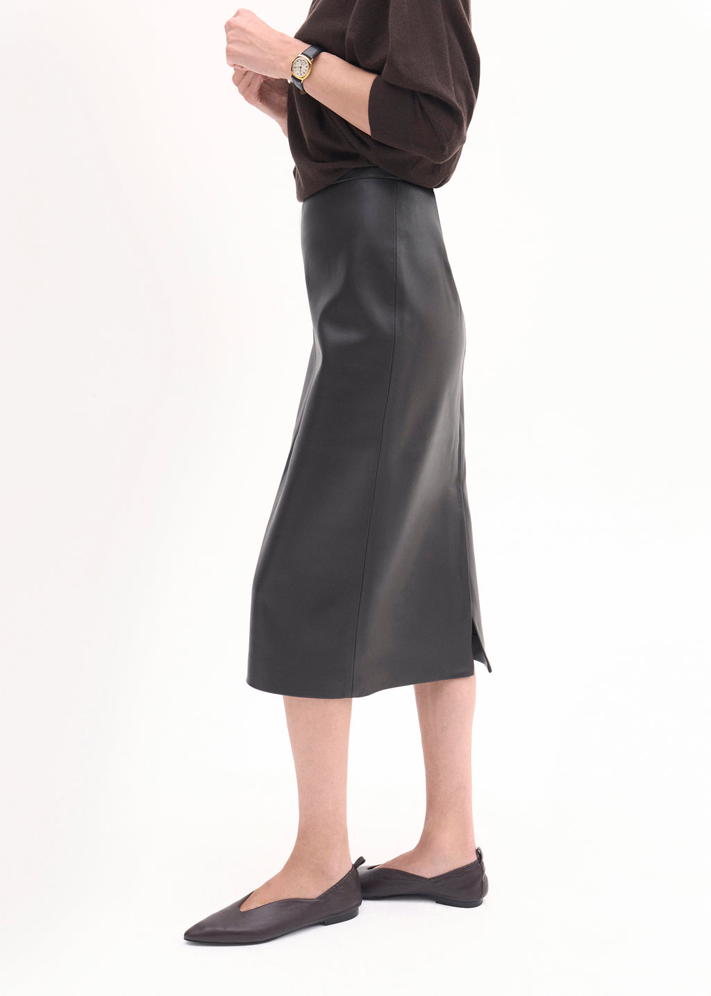 Midi Pencil Skirt in Leather - Black - CO