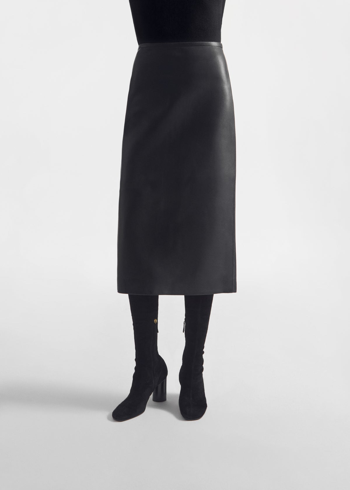 Midi Pencil Skirt in Leather - Black, image 3 of 5