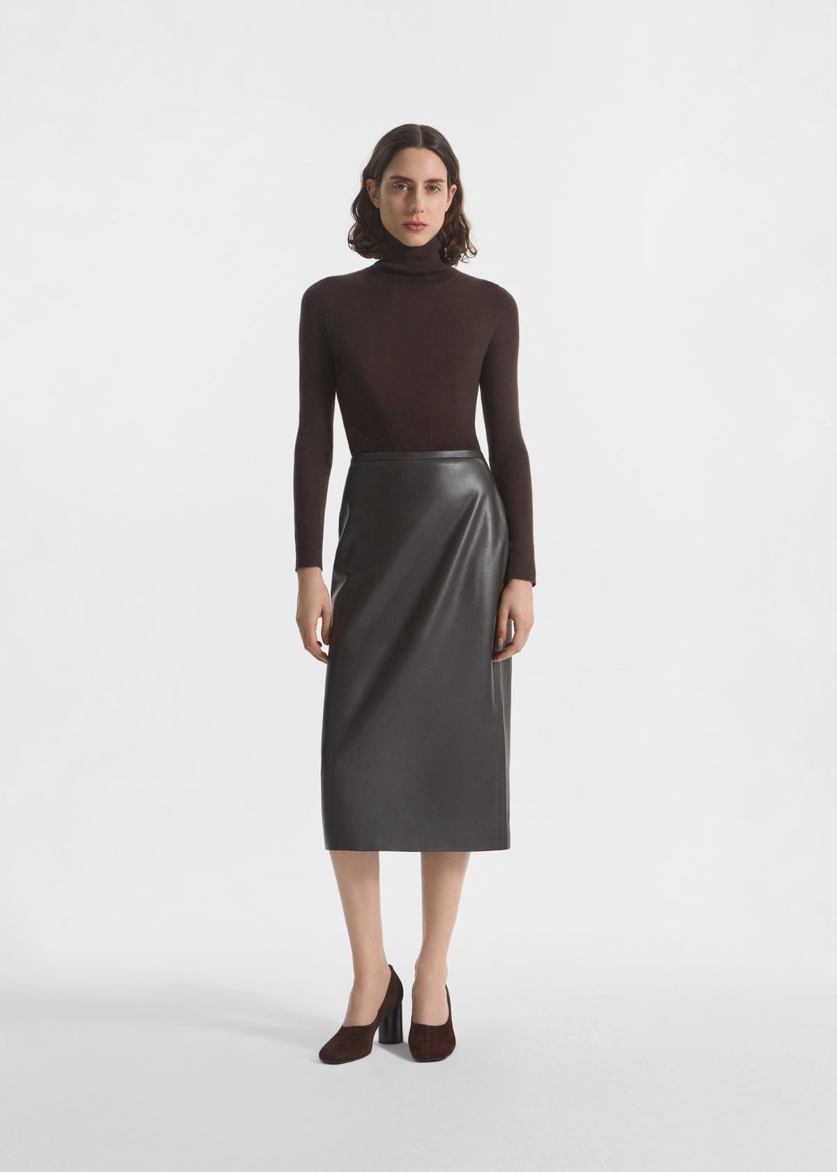 Midi Pencil Skirt in Leather - Chocolate, image 1 of 4