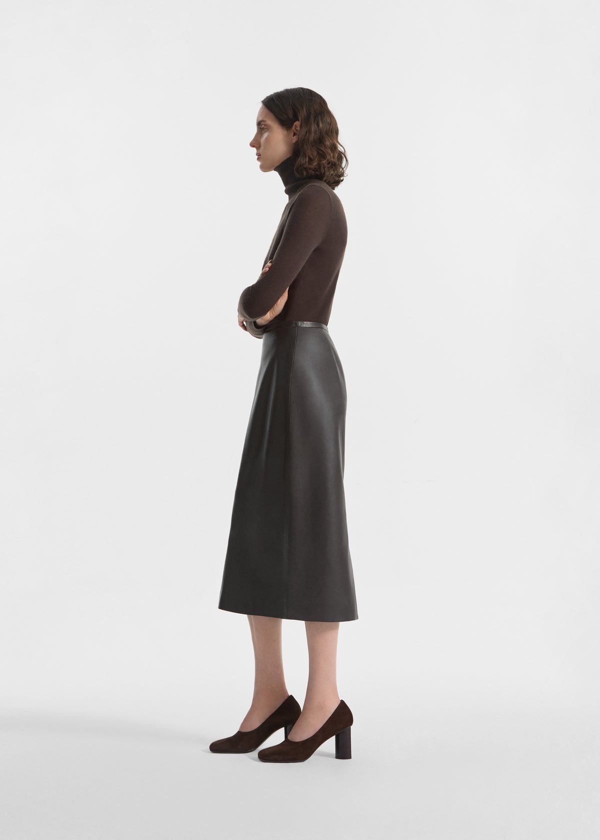 Midi Pencil Skirt in Leather - Chocolate, image 2 of 4