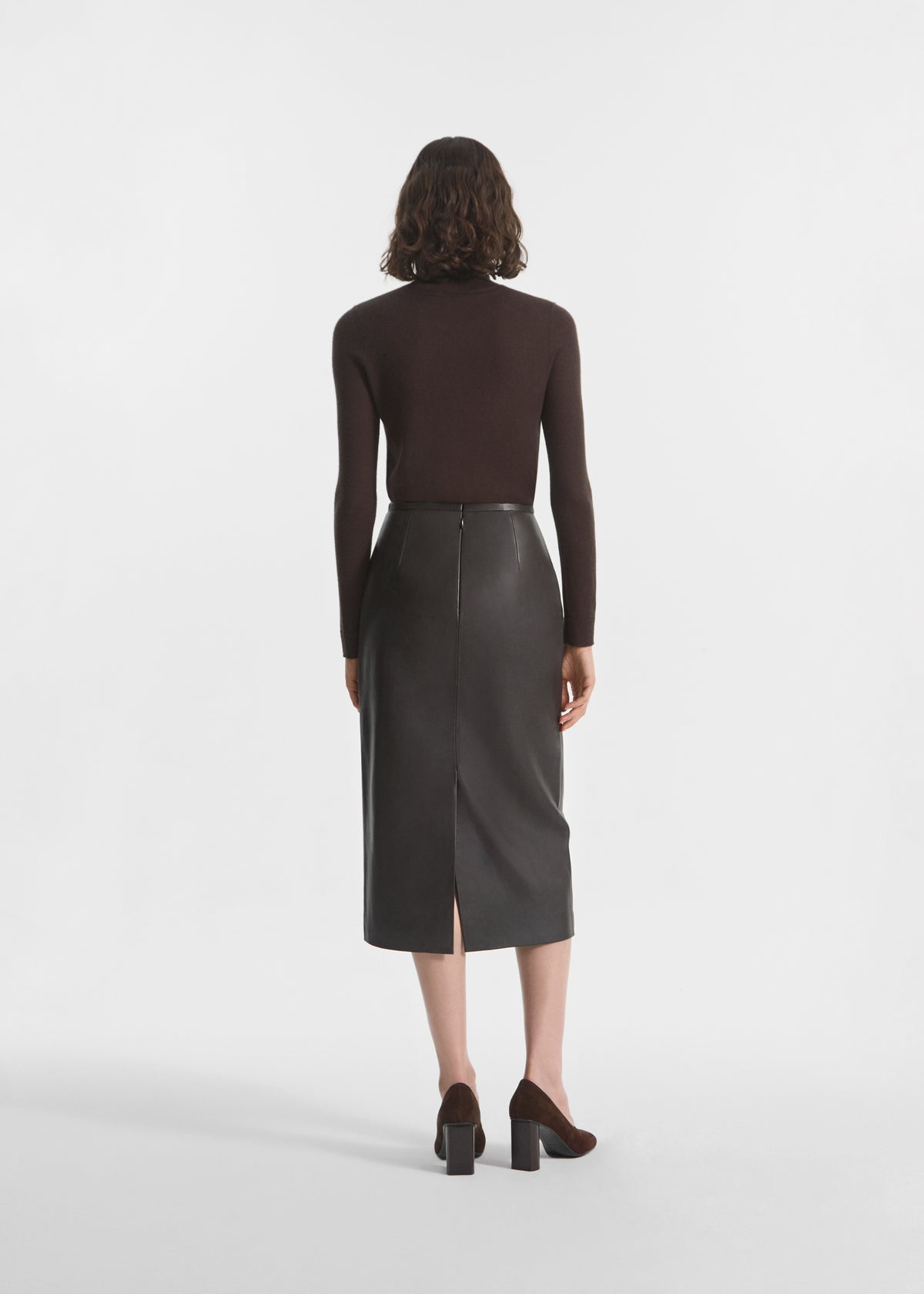 Midi Pencil Skirt in Leather - Chocolate, image 3 of 4