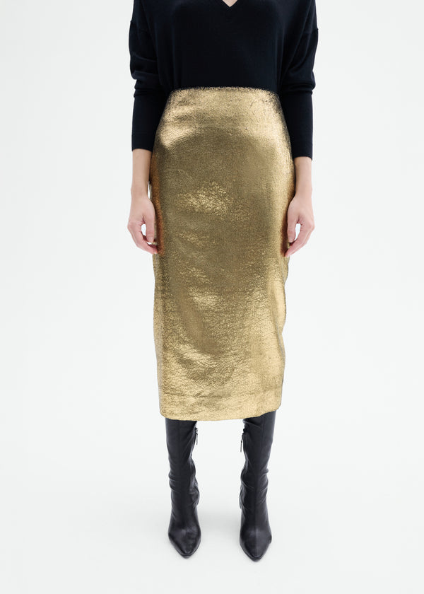 Foil Velvet Midi Pencil Skirt  - Gold - CO