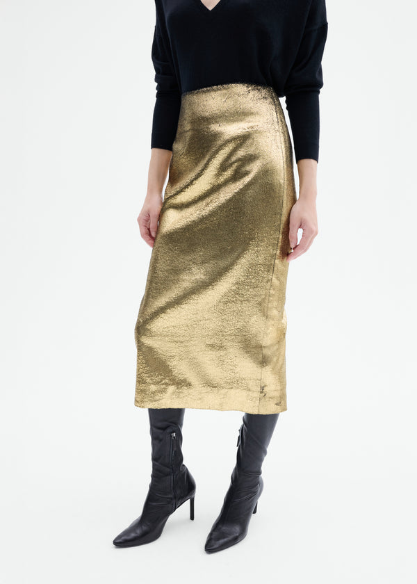 Foil Velvet Midi Pencil Skirt  - Gold - CO