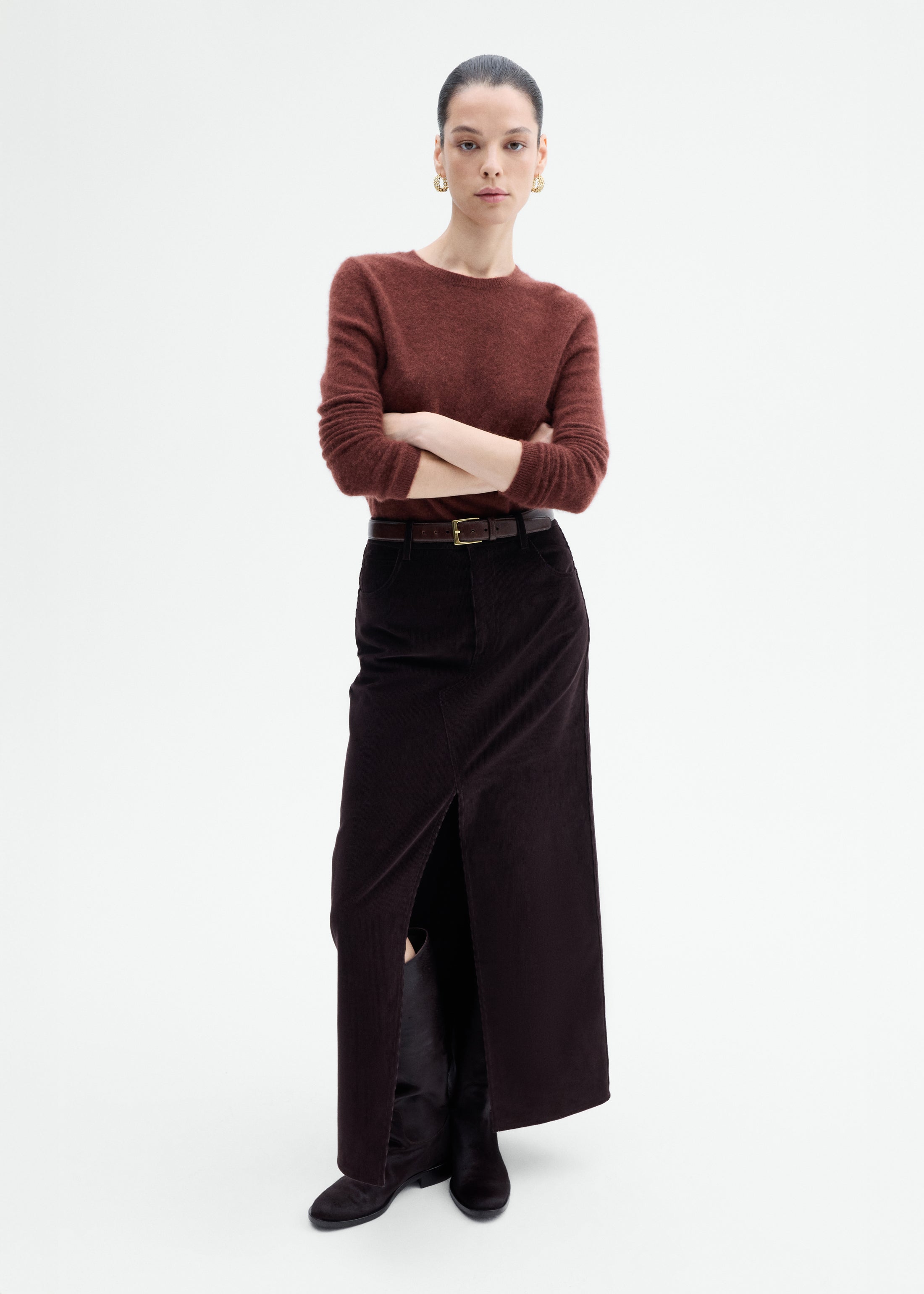 Corduroy Long Pencil Skirt - Chocolate