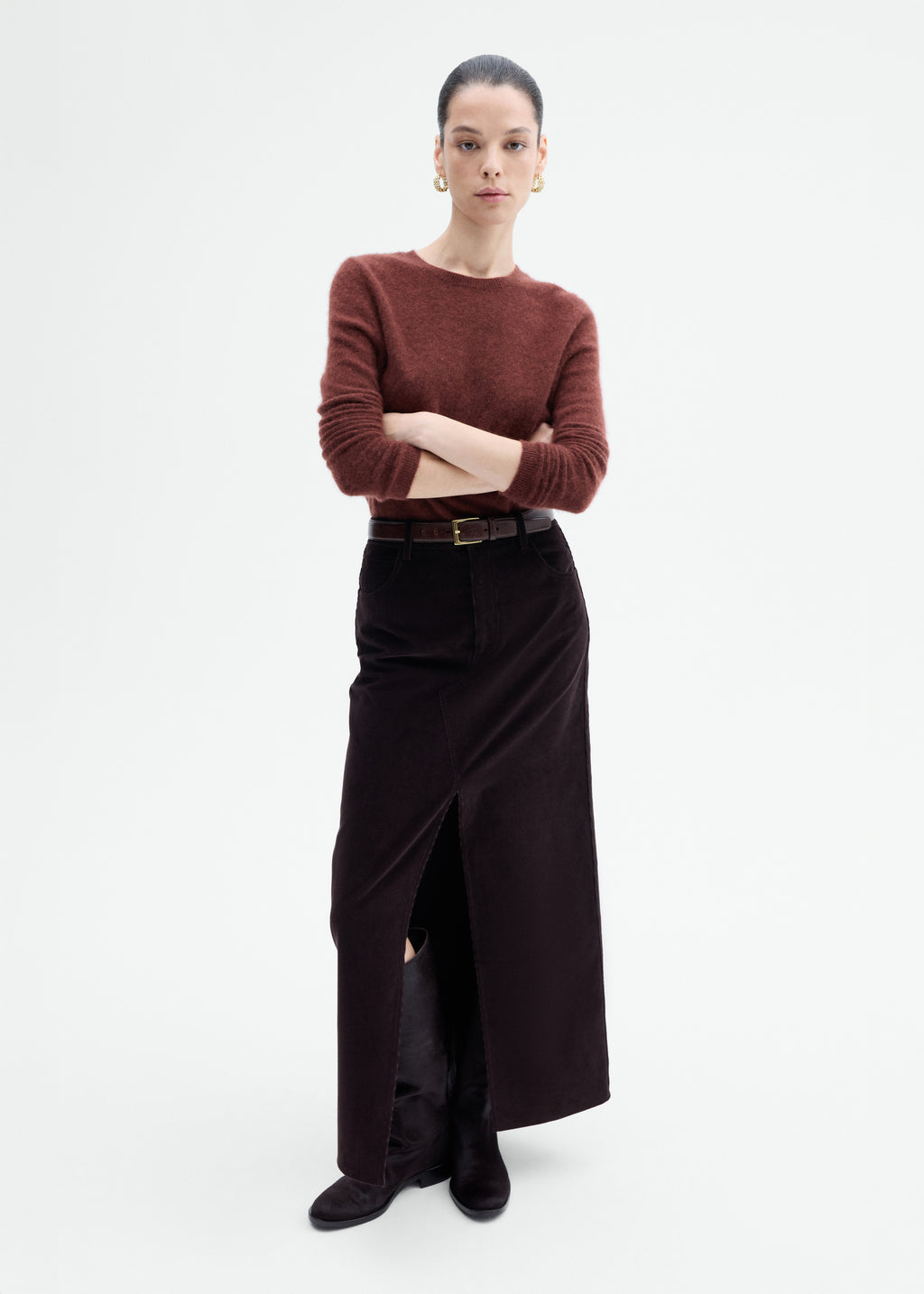 Corduroy Long Pencil Skirt - Chocolate - CO