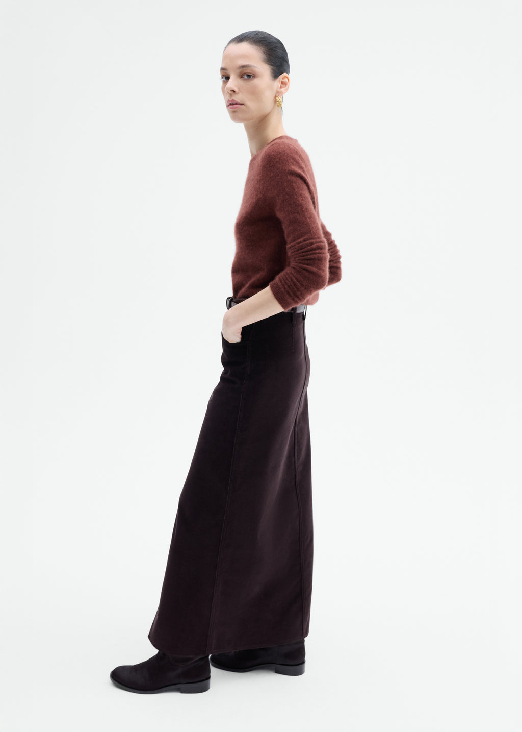 Corduroy Long Pencil Skirt - Chocolate - CO